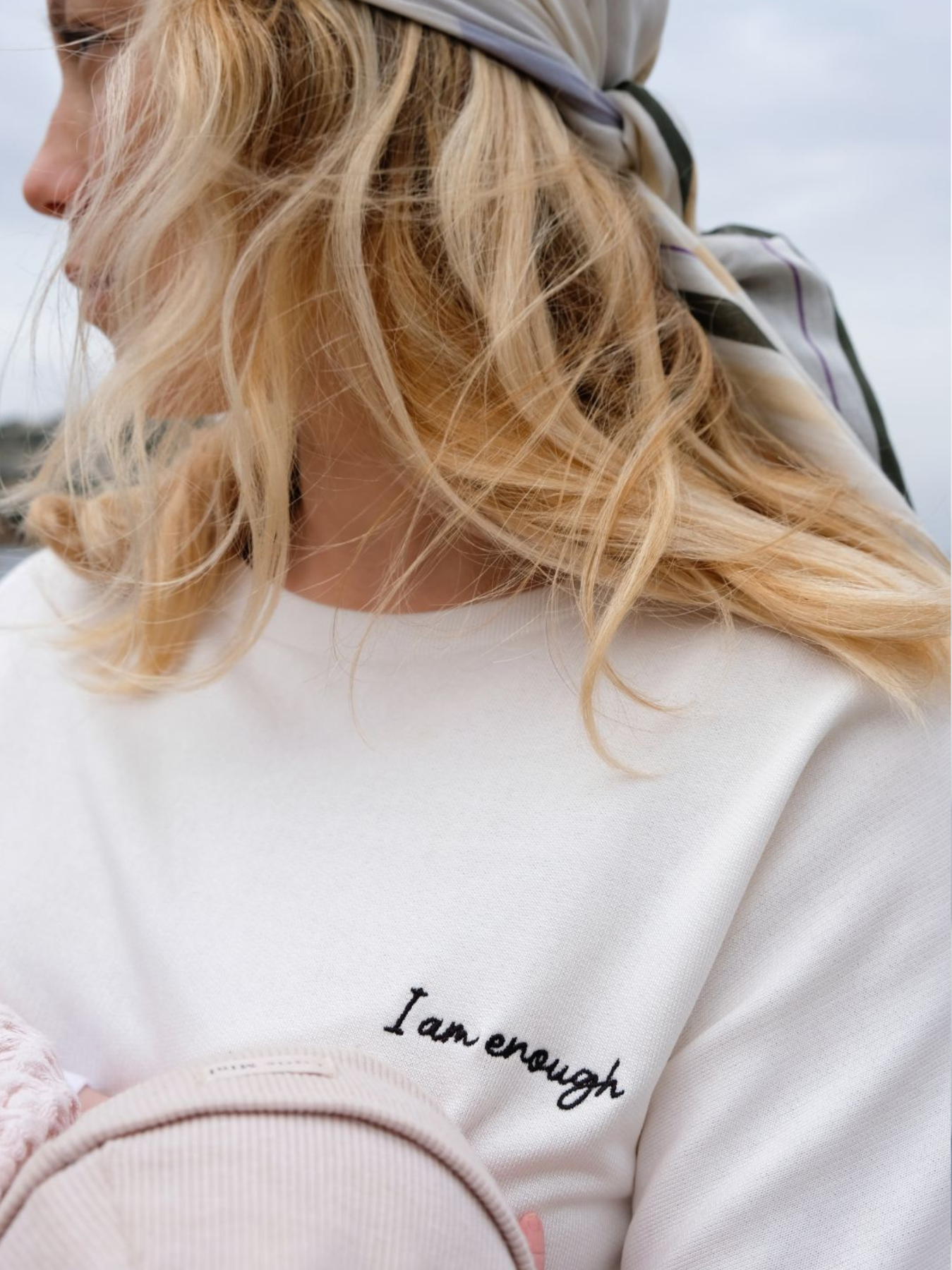 I am enough sweater White with print on the back