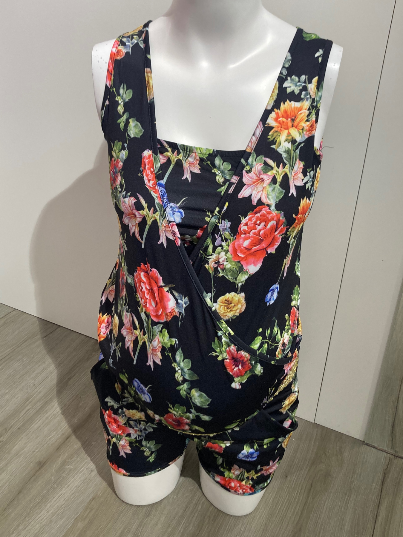 Floral maternity and nursing romper with gold belt